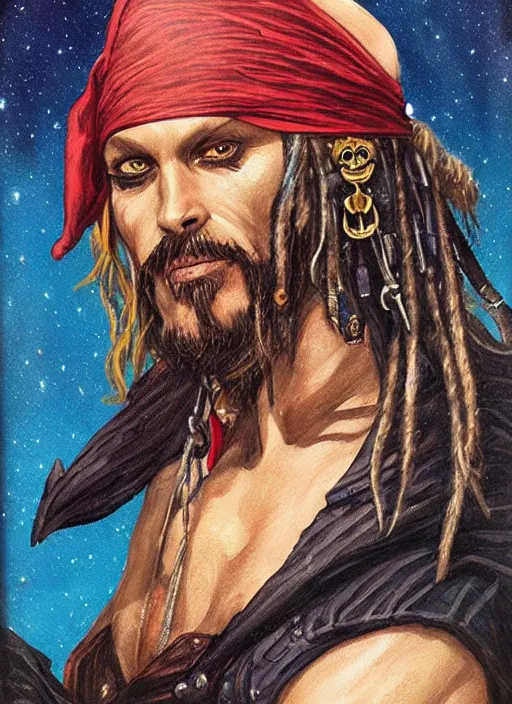 Image similar to portrait of pirate, night sky background, coherent! by brom, deep color, strong line, high contrast