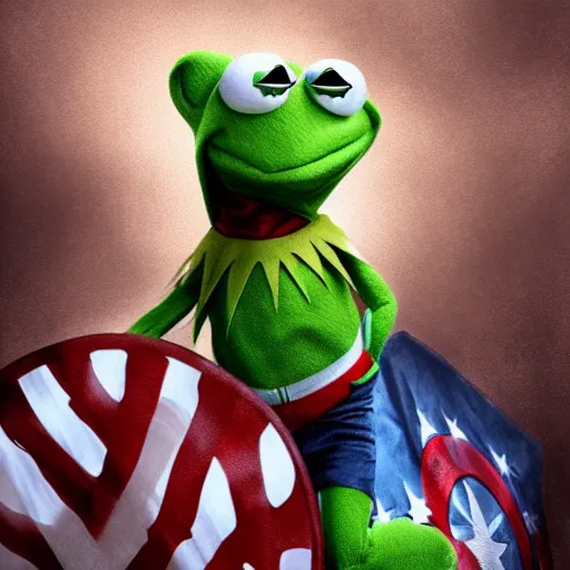 Prompt: Kermit the Frog is dressed up Captain America hyperdetailed, artstation, cgsociety, 8k