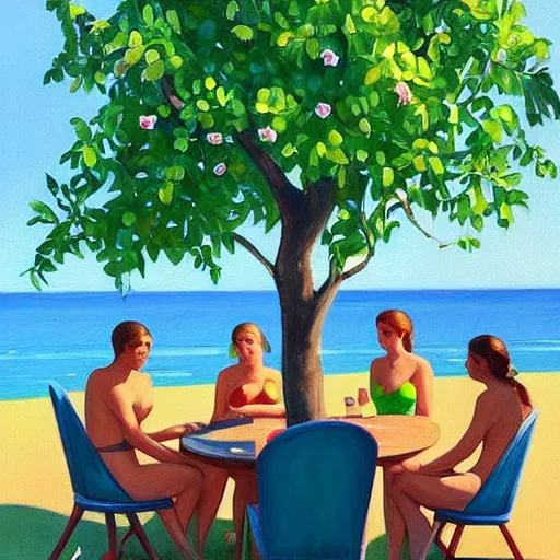 Prompt: “an award winning painting of a group of beautiful young symmetric people wearing swimsuits, sitting at a round garden table playing cards under a fig tree in the sun, drinking gin and tonic. In the style of Edward hopper”