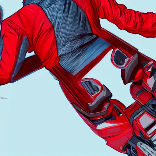 Prompt: isometric view of a man with a red jacket from behind. a red futuristic racing motorbike in front of the man. pencil drawing, panoramic view, wide angle, photo realistic, hyper realistic, dynamic lighting, cyberpunk, ultra detailed, sharp focus, digital illustration, concept art trending on artstation