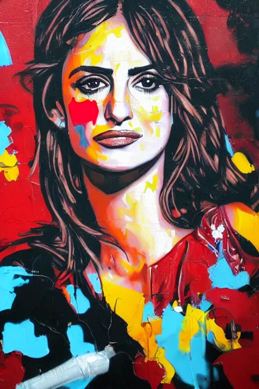 Image similar to oil painting, portrait of penelope cruz, wall with graffiti, splash painting, by bansky