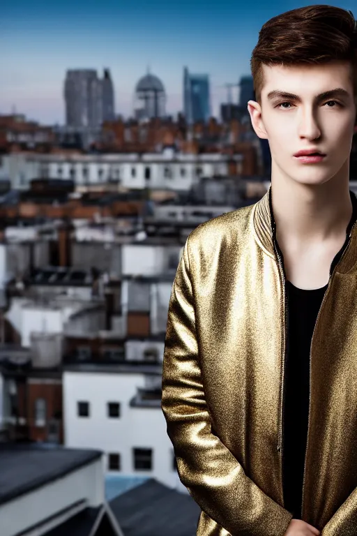 Image similar to un ultra high definition studio quality photographic art portrait of a young man standing on the rooftop of a british apartment building wearing soft padded silver pearlescent clothing. three point light. extremely detailed. golden ratio, ray tracing, volumetric light, shallow depth of field. set dressed.