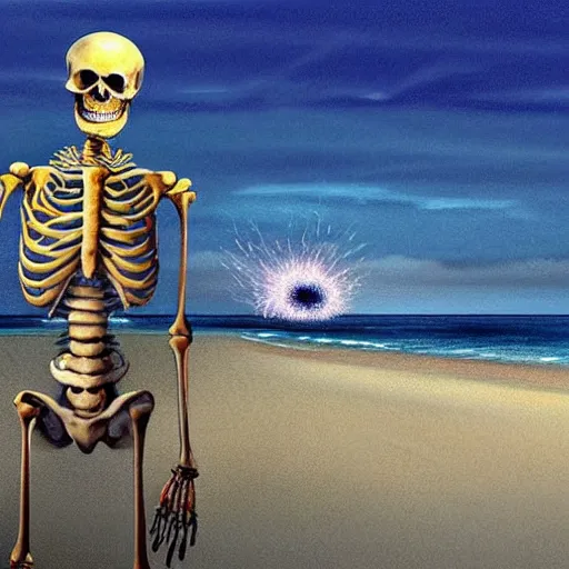 Prompt: Beautiful digital painting portrait of relaxed (((skeleton walking on the tropical beach))) with nuclear bomb explosion in the background!!!, by James Gurney, high quality, trending on Artstation, aesthetic lightning, anatomically correct skeleton, high coherence, blue sky