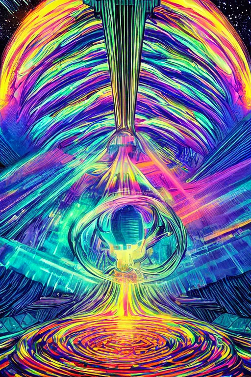 Prompt: comic art of a fluorescent 3 one-point perspective iridescent rainbow fragmentation+smoke+cloud corridors gridded with paintings containing the outside of a galactic dimension vortex , by dan mumford and moebius and brock hofer, tarot card style background, 4k HD, artstation HD