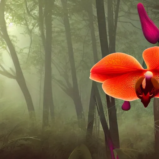 Image similar to a fiery orchid in a misty forest, light colors, digital art,
