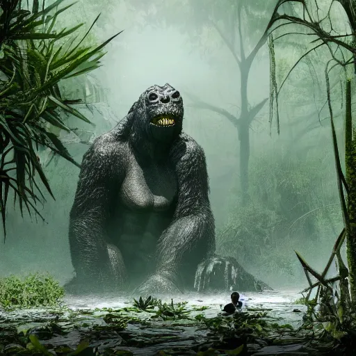 Prompt: A photograph of a giant monster lurking in the swamp, crocodile, mangrove swamp, murky water, (vines), gorilla, trending on artstation, ((tiger)), Godzilla, (((dragonfly))), ((mist)), bugs