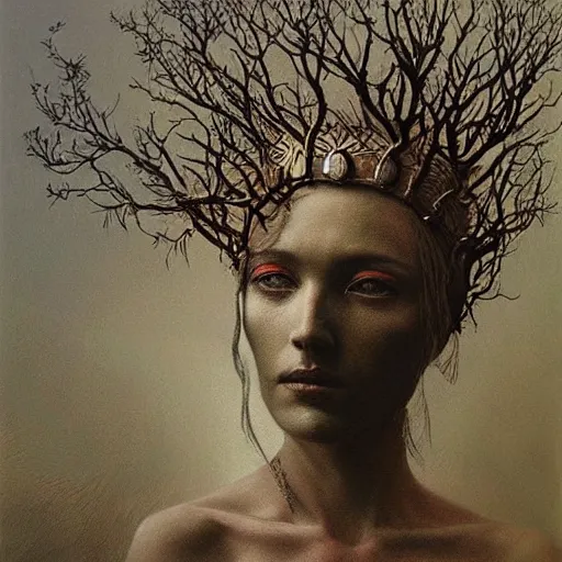 Prompt: priestess wearing a crown of twisting branches, by beksinski and artem demura