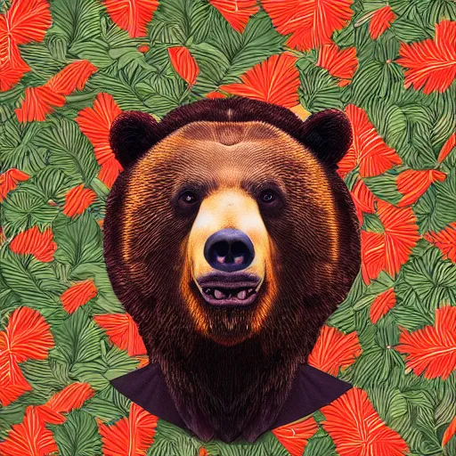 Prompt: photo portrait of a bear wearing a vintage aloha shirt, highly detailed, 8 k, octane render