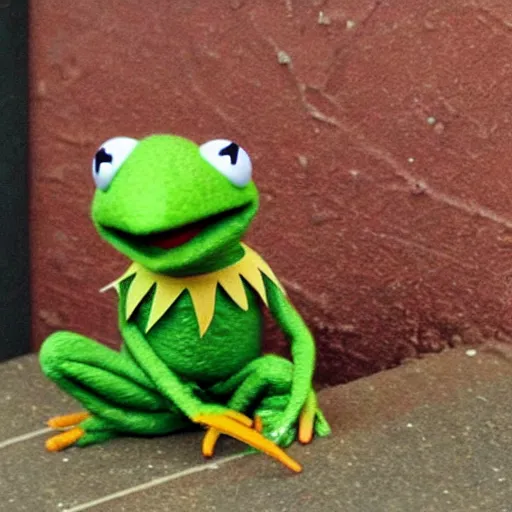 Image similar to kermit the frog heroin habit, addict, junky,