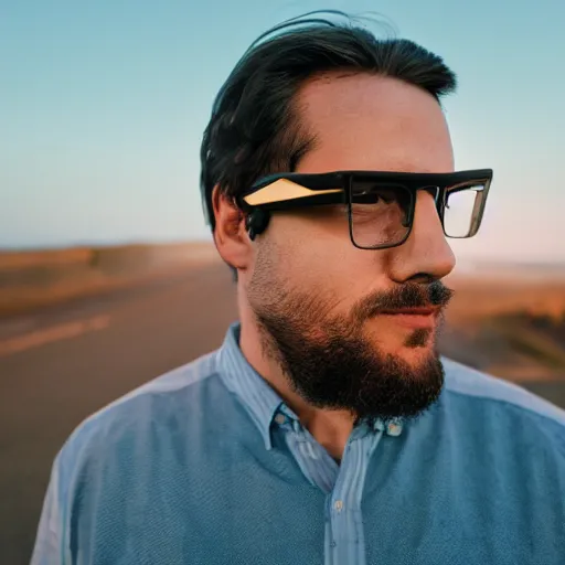 Prompt: photo of a man wearing smart glasses stood near a crashed car, high quality, golden hour lighting, wide angle shot