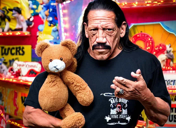 Image similar to photo still of danny trejo at the county fair!!!!!!!! at age 5 6 years old 5 6 years of age!!!!!!!! holding a teddy bear he won, 8 k, 8 5 mm f 1. 8, studio lighting, rim light, right side key light