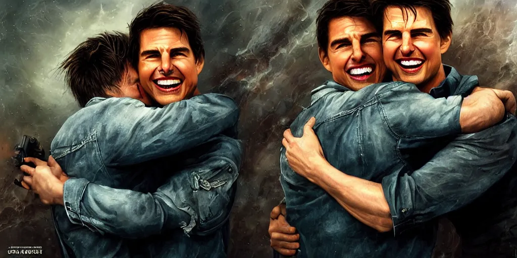 Image similar to hyper realistic tom cruise hugging tom cruise, hugging tom cruise, all overly excited, jaw unhinged with laughter and smiling, all teeth, kinda disturbing but really funny, tom has evil eyes, like super evil looking, by greg rutkowski, scott m fischer, artgerm, loish, slight glow, atmospheric, anne stokes, alexandros pyromallis