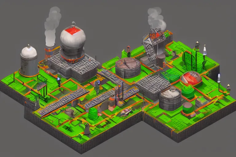 Prompt: isometric soviet industrial rpg game level, pollution, toxic waste, 3 d render, octane render