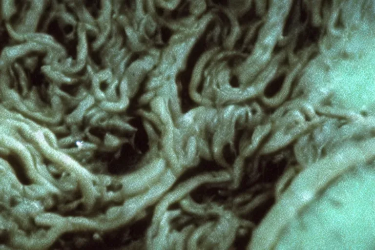 Prompt: scary filmic closeup color ground level angle movie still 35mm film color photograph of a shape shifting abstract alien organism from The Thing 1982 spewing swirling slimey tendrils inside of a child's bedroom, in the style of a horror film