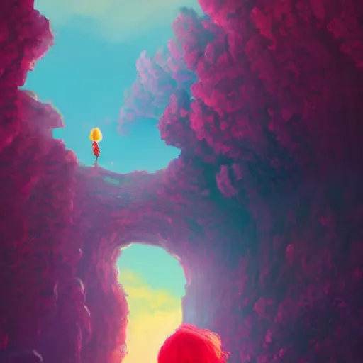 Image similar to giant cherry blossom flower as a head, girl walking in a canyon, surreal photography, sunrise, dramatic light, impressionist painting, colorful clouds, digital painting, artstation, simon stalenhag