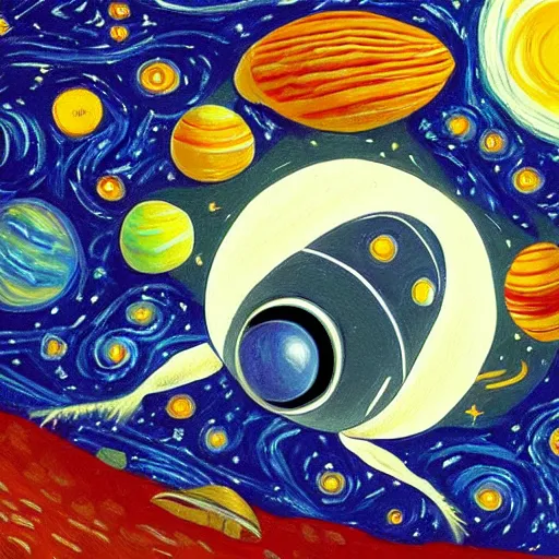 Prompt: painting of space ship in orbit around a planet, detailed, egg, colorful, shell, carapace, insect, bug, beatle, van gogh, hollow knight