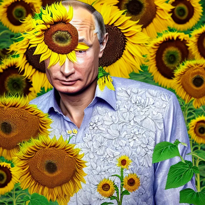 Image similar to photo portrait of Vladimir Putin - sunflowers - dressed in leisure shirt with ornamental ethereal sunflower pattern, natural skin tone, highly detailed realistic flowers ornament on the shirt, war in the background, hair, eyebrows and wrinkles are intricate with highly detailed realistic flowers, elegant, Realistic, Refined, Highly Detailed, natural soft pastel lighting colors scheme, fine art photography by Cecil Beaton, volumetric lighting, hyper realistic photography