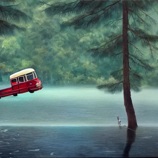 Prompt: a [ 5 0 s bus with wings ] flies above a forest and lake, [ oil painting ]!!, trending on cgsociety, 4 k