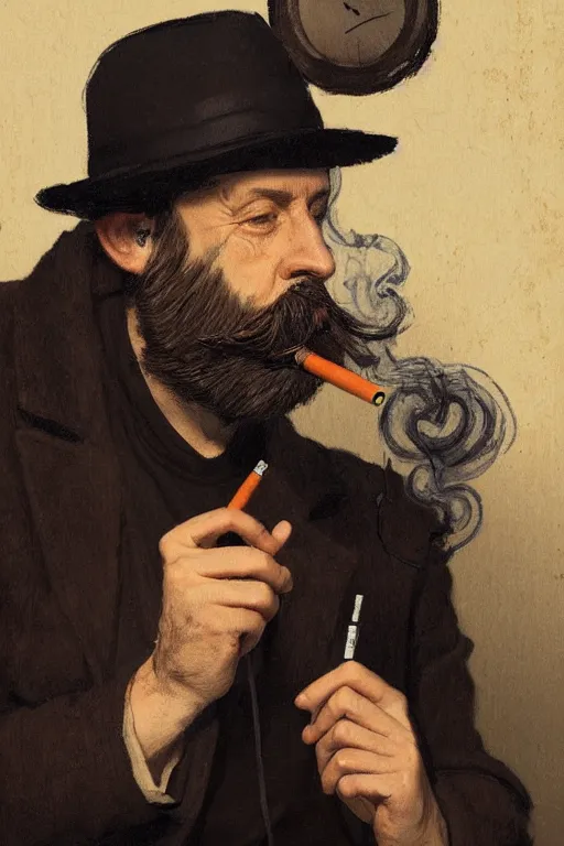 Image similar to portrait of a middle - aged writer with a beard, he is smoking a cigarette, style of greg rutkowski