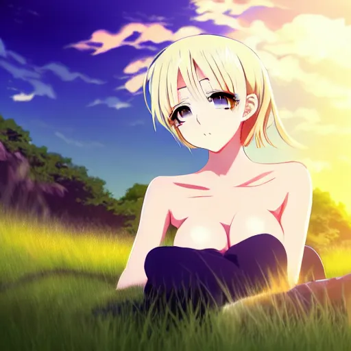 Prompt: anime art full body portrait character concept art, anime key visual of elegant young female, blonde hair and large blue eyes, finely detailed perfect face delicate features directed gaze, laying down in the grass at sunset in a valley, trending on pixiv fanbox, studio ghibli, extremely high quality artwork