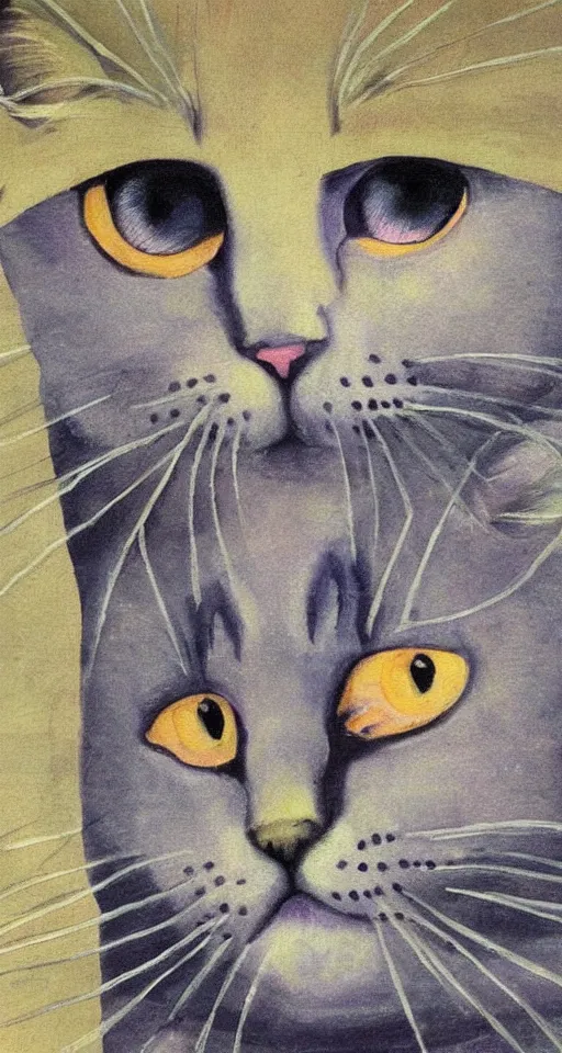 Prompt: bosch painting of a cat with purple eyes