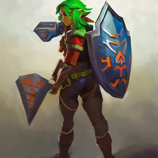 Image similar to greg manchess portrait painting of armored link from legend of zelda as overwatch character, medium shot, asymmetrical, profile picture, organic painting, sunny day, matte painting, bold shapes, hard edges, street art, trending on artstation, by huang guangjian and gil elvgren and sachin teng