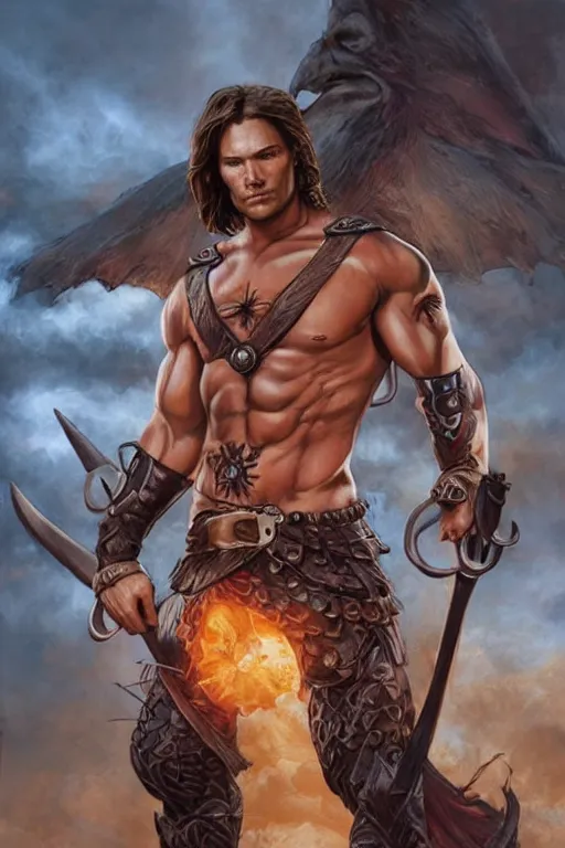 Image similar to portrait of pretty muscular sam winchester as a irish warrior mage alternative universe, muscular body tattooed, d & d!, fantasy style, sharp focus!, ultra detailed, art by artgerm and peter andrew jones, wlop