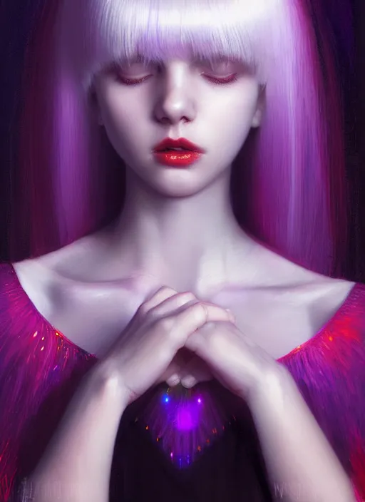 Prompt: hair whitebangs hair, white hair, whitebangsblackhair, portrait of teenage girl with white bangs, blackhair, red irises, purple clothes, intricate, elegant, glowing lights, highly detailed, digital painting, artstation, concept art, sharp focus, illustration, art by wlop, mars ravelo and greg rutkowski