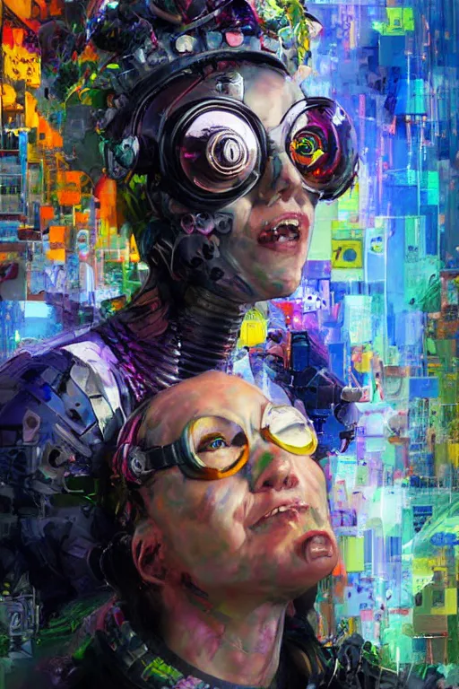 Prompt: portrait, headshot, digital painting, an delightfully crazy, wholesome techno - shaman lady, techno goggles, synthwave, glitch, fracture, realistic, hyperdetailed, chiaroscuro, concept art, art by john berkey