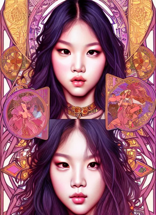 Image similar to jennie manoban of blackpink, tarot card, highly detailed, digital painting, smooth, sharp focus, illustration, ultra realistic, 8 k, art by artgerm and alphonse mucha