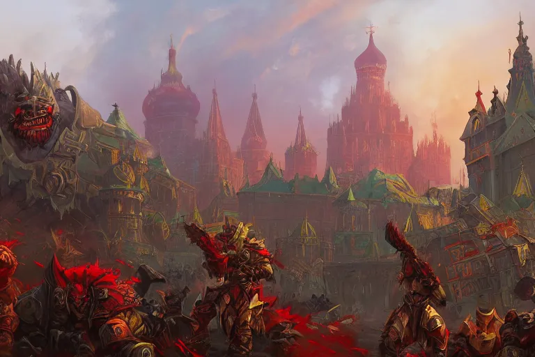 Prompt: moscow in style of world of warcraft orgrimmar, red square, orc village, green and red orcs in modern camouflage, illustration in style of darek zabrocki, noah bradley, cinematic