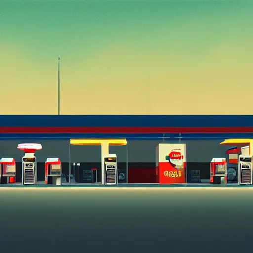 Image similar to a matte painting of a gas station at night by emiliano ponzi, james gilleard, george ault, david hockney, albert namatjira, minimalist, bauhaus, retrofuturism, postminimalism, concept art, matte background, matte drawing, space art, generative art