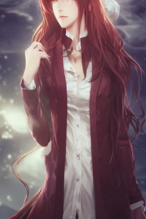 Prompt: highly detailed portrait of makise kurisu from steins gate, sensual, labcoat, fantasy art, by pixmilk, by charlie bowater, unreal engine, photorealistic, detailed and intricate environment, trending on artstation