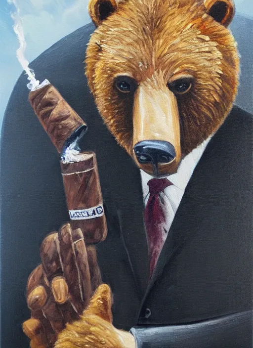 Prompt: A bear in a suit smoking a cigar while drifting in a Lamborghini, oil painting