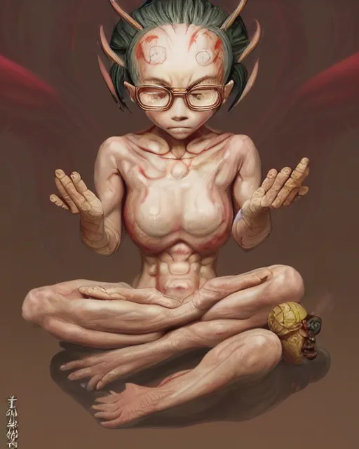 Prompt: a tiny cute demon floating while meditating and wrapped in sacred scrolls, smooth, intricate, elegant, digital painting, artstation, concept art, sharp focus, octane render, illustration, art by shintaro kago, apex legends character,