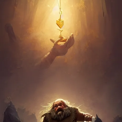 Image similar to portrait of a dwarf hugging the humongous raw, unrefined gold nugget, lump of native gold, realistic, beautiful, fantasy art, dnd, lord of the rings, mid - shot, moody lighting, by greg rutkowski, wlop, artgerm, concept art, sharp focus, ray tracing