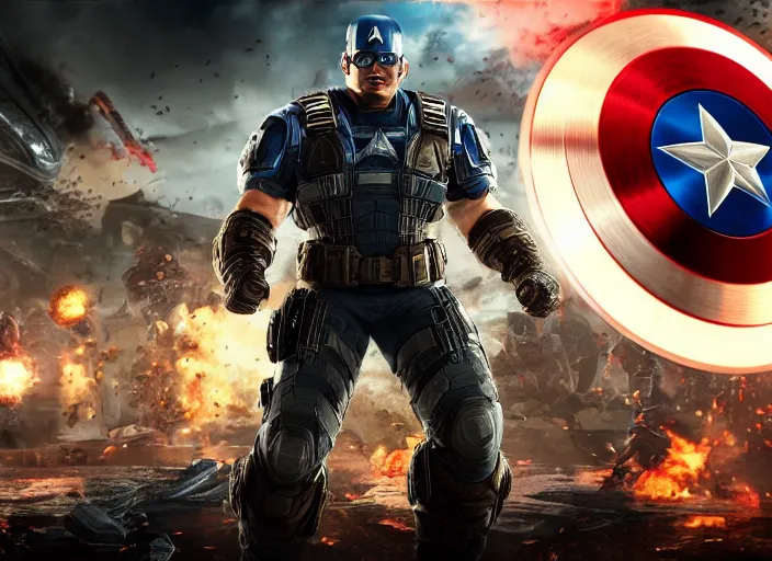 Image similar to trump as captain america in gears of war, splash art, movie still, cinematic lighting, ray tracing, detailed face, octane render, long lens, shallow depth of field, bokeh, anamorphic lens flare, 8 k, hd, 4 k, hyper detailed, 3 5 mm film grain