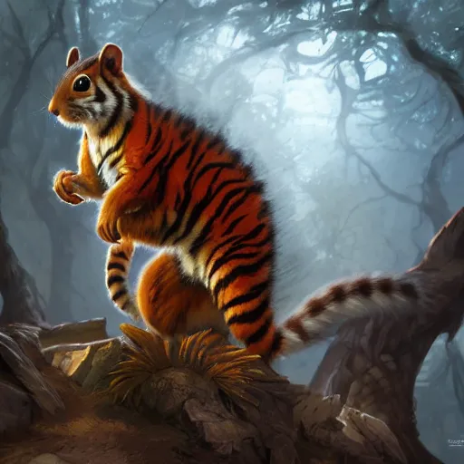 Image similar to Squirrel/tiger, magic the gathering artwork, horror, D&D, fantasy, cinematic lighting, centered, symmetrical, highly detailed, digital painting, artstation, concept art, smooth, sharp focus, illustration, volumetric lighting, epic Composition, 8k, art by Akihiko Yoshida and Greg Rutkowski and Craig Mullins, oil painting, cgsociety