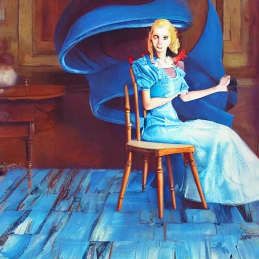 Prompt: alice in the wonderland, chairs, sitting, wood floor, blue dress, blonde by cheval michael