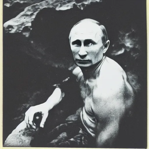 Image similar to vladimir putin, found in cave corner, polaroid black and white picture, 1 9 th century, scary horrifying