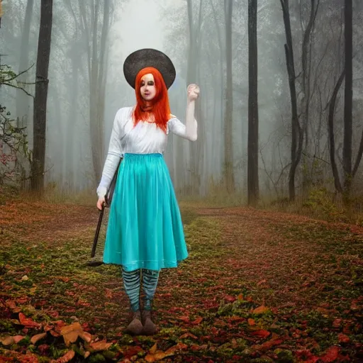 Image similar to young woman is a cottagecore witch, with rosy hair, with teal clothes, in a foggy forest, hyper - realistic, 4 k, full body, vogue photoshoot