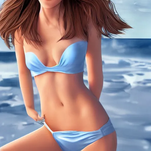 Image similar to a very beautiful mature emma watson, full body, long wavy blond hair, sky blue eyes, full round face, bikini, miniskirt, front view, mid - shot, cute pose, highly detailed, cinematic wallpaper by stanley artgerm lau