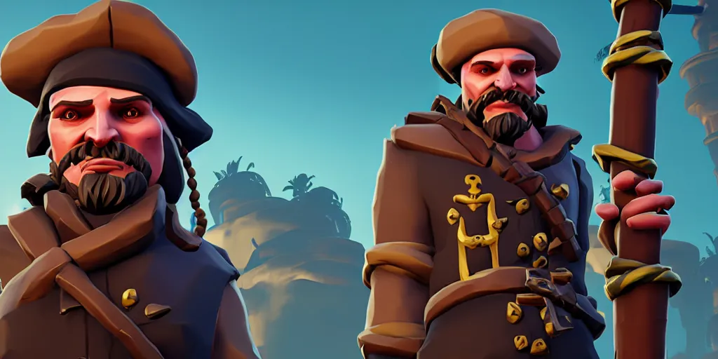 Image similar to a merchant character from sea of thieves, grand maritime union in sea of thieves, sea of thieves screenshot, unreal engine, digital art, storm