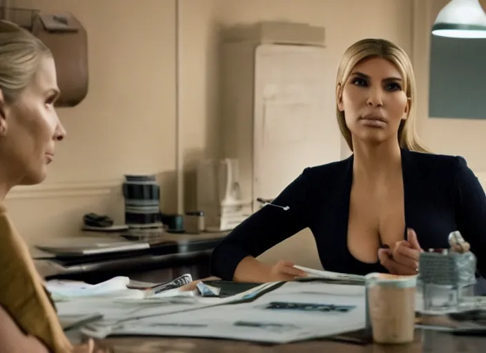 Image similar to a pov, film still of kim kardashian as kim wexler speaking to saul goodman, cinematic lighting, from better call saul.