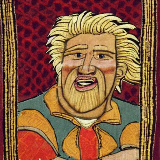 Image similar to Medieval Tapestry artwork of Guy Fieri wearing a hawaiian shirt, cloth texture, highly detailed and intricate