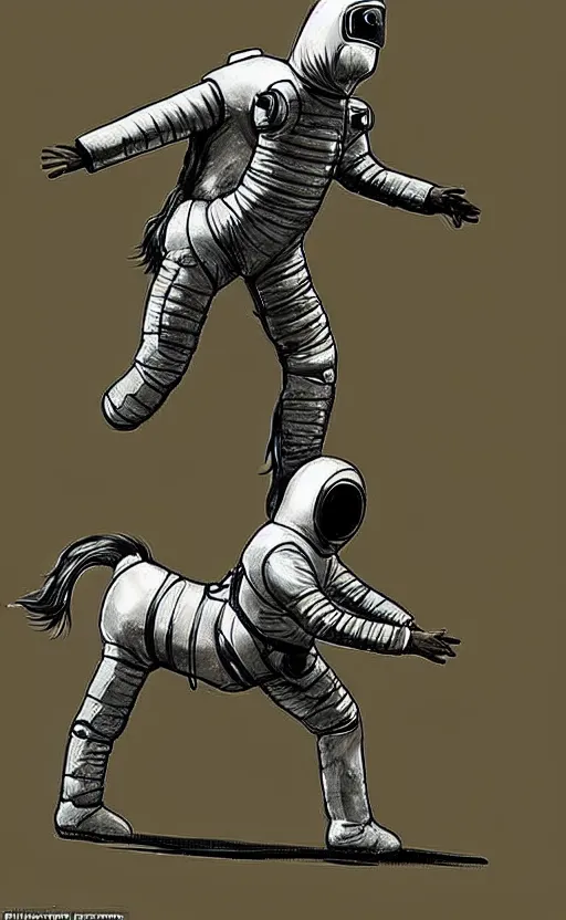 Image similar to man with a horse mask is standing on crawling astronaut, concept art, monthy python sketch, high fidelity details