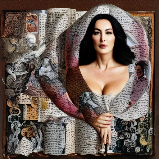 Image similar to a beautiful!!! portrait of Monica Bellucci, collage art of pages from alchemical grimoires, 8K, highly detailed, cryptic and mysterious, hypermaximalist, photorealistic