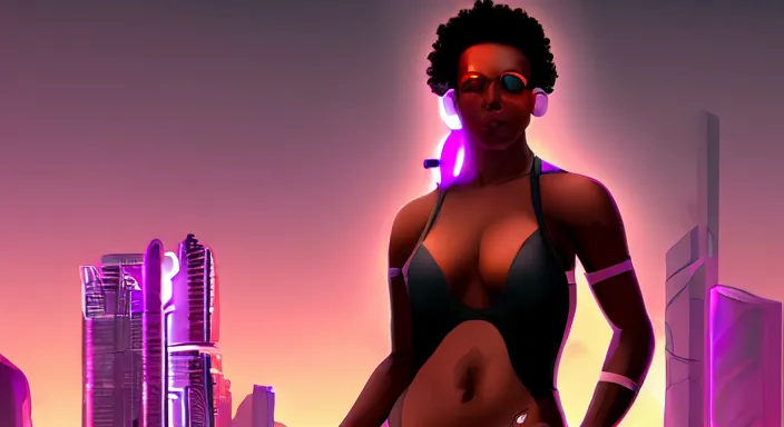 Image similar to portrait of beautiful cyberpunk black woman, rio de janeiro!! pao de acucar!! corcovado ipanema!! on the background, soft purple lighting digital art trending on artstation concept art