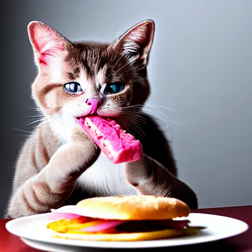 Image similar to photo of a pink cat, biting a hamburger, munching on a hamburger, eating a hamburger, pink cat