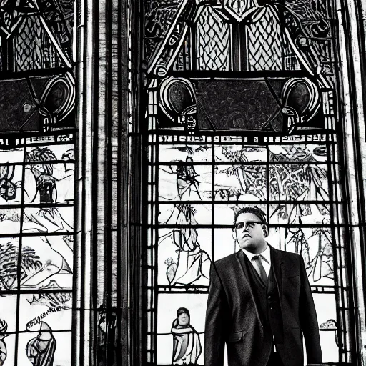Prompt: jonah hill posing in a mysterious temple. ancient stainedglass windows. sharp focus ; highly detailed. wide - angle candid accurate hq relaxed pose bw photography 1 3 0 mm award - winning hd